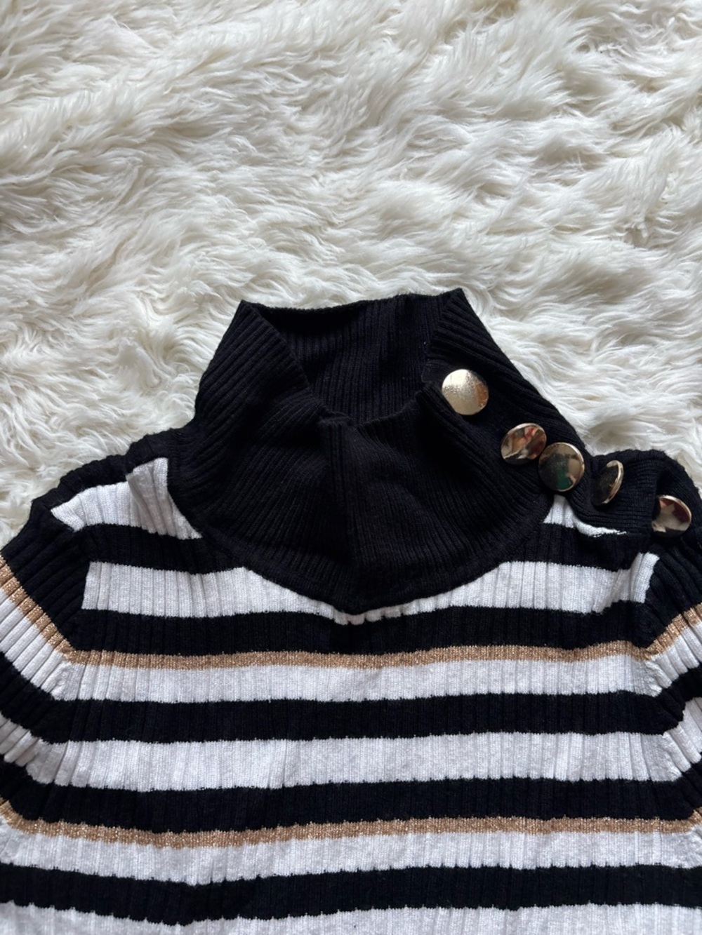 INC International Concepts Striped Ribbed Turtleneck in Black, White & Gold - Picture 6 of 9